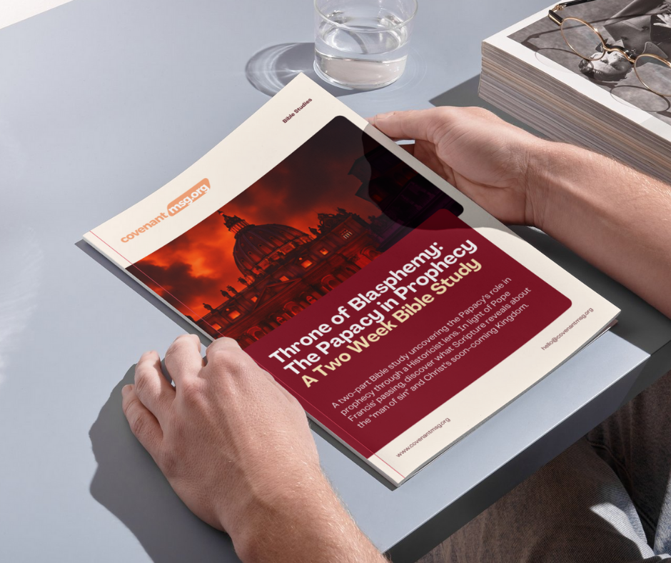 Printed Throne of Blasphemy two-week Bible study booklet held in two hands